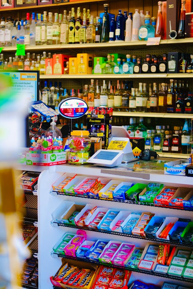 Modern convenience store aisles and food station