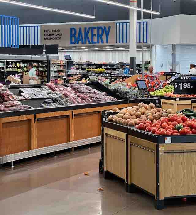 Modern grocery store aisles and fresh produce